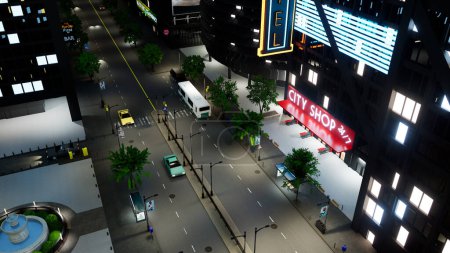 Photo for Downtown with office buildings and vehicles in urban district, tall skyscrapers with city lights at night. Metropolis with vehicles driving on street, architecture. 3d render animation. - Royalty Free Image