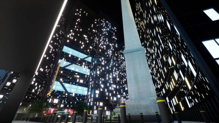 Téléchargez les photos : Grands immeubles de bureaux lumineux la nuit avec des lumières de la ville, centre-ville moderne avec une architecture futuriste et des gratte-ciel. Paysage urbain design métropole en ville. Animation de rendu 3D. - en image libre de droit