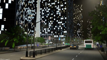 Photo for Vehicles driving on city center street next to office buildings in business district area, modern skyscrapers and cars. Office buildings with lights flashing at night. 3d render animation. - Royalty Free Image