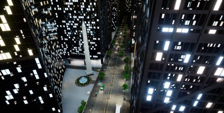 Téléchargez les photos : Quartier de la ville avec gratte-ciel et lumières, centre d'affaires métropole avec des véhicules sur la rue. Capitale avec une architecture moderne et des immeubles de bureaux. Animation de rendu 3D. - en image libre de droit