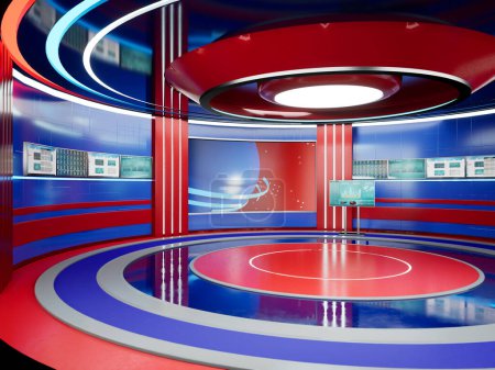 Nachrichtenraum mit Bühne für Nachrichtensendungen auf Fernsehkanälen. Nachrichtenstudio internationale Übertragung, Bildschirm mit Grafikpaket, moderne Weltnachrichten. 3D-Animation zum Rendern.