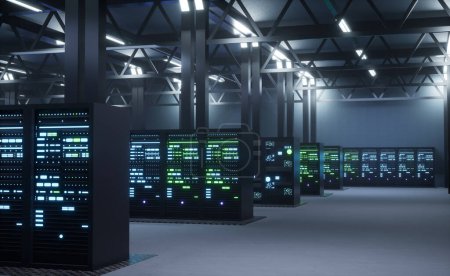 Photo for Modern data center providing cloud services, enabling businesses to access computing resources and storage on demand over internet. Server room infrastructure 3D render animation - Royalty Free Image