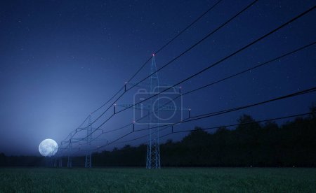 Photo for Electrical grid interconnected network used for electricity delivery with power lines over full moon night sky. Industrial energy transmission pylon with electric cables, 3D render animation - Royalty Free Image