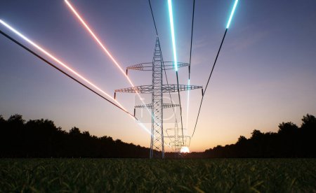 Photo for Energy stream flowing through steel tower high voltage power lines over sunrise horizon sky. Electric cables transmitting electricity obtained from sustainable sources, 3D render animation - Royalty Free Image