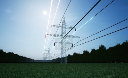 Foto de Visualización de energía viajando a través de cables de alto voltaje de torre de energía industrial sobre el cielo azul. Torre de transmisión de electricidad obtenida de fuentes sostenibles, animación 3d render - Imagen libre de derechos