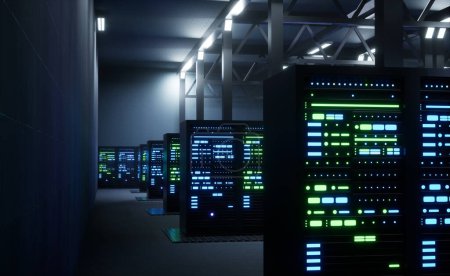 Mehrere Reihen voll funktionsfähiger Serverschränke erfordern enorme Rechenleistung. Supercomputer in temperaturgesteuerten Umweltschutzanlagen, 3D-Renderanimation