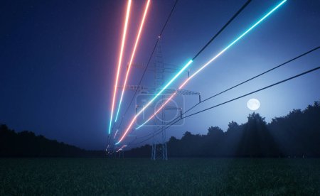 Foto de Visualización de la energía que fluye a través de líneas de torre de energía sobre el cielo nocturno. Infraestructura que garantiza la transmisión de electricidad a través de cables de distribución de voltaje, animación de renderizado 3D - Imagen libre de derechos