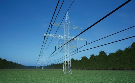 Foto de Red eléctrica que entrega electricidad de alto voltaje usando cables sobre el cielo azul. Energía que fluye a través de cables de equipos industriales que cuelgan de un pilón de potencia, animación de renderizado 3D - Imagen libre de derechos