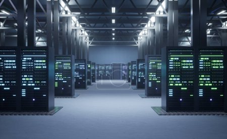 Foto de Operational server clusters in computer network security data storage facility. Mainframes providing processing power and memory resources for tedious workloads, 3D render animation - Imagen libre de derechos