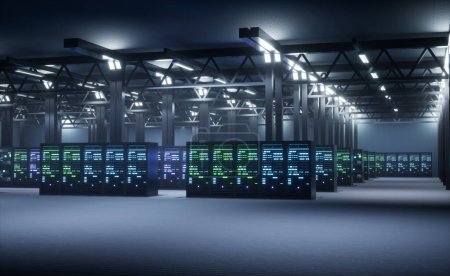 Foto de High tech facility designed to ensure critical data is stored and processed in secure, reliable, and highly available manner. Servers requiring massive computational firepower, 3D render animation - Imagen libre de derechos