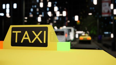 Téléchargez les photos : Panneau de taxi sur voiture jaune près du centre-ville avec des gratte-ciel, voiture de tourisme moderne conduisant dans la rue autour des immeubles de bureaux la nuit. Métropole urbaine. Ferme là. Animation de rendu 3D. - en image libre de droit