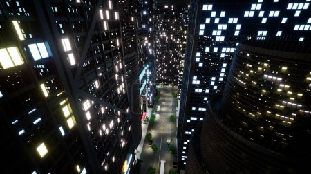 Téléchargez les photos : Des gratte-ciel modernes avec des lumières clignotantes la nuit, une ville futuriste avec des rues du centre-ville et des immeubles de bureaux. Quartier des affaires de la métropole urbaine et paysage. Animation de rendu 3D. - en image libre de droit