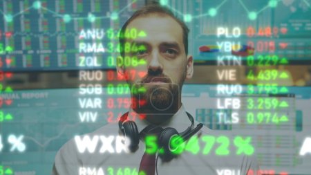 Focused businessman using augmented reality visualization, analyzing stock market charts and statistics graphs, close up. Investor seeking trading strategies and investment opportunities