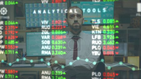 Expert using technology driven AR visualization aid to come up with effective trading insights. Businessman analyzing bond trading, stock market data, sales financial figures and statistics graphs.