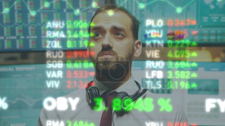 Business expert using AR visualization technology, analyzing stock market charts and statistics graphs, close up. Investor seeking bond trading and commodities exchange investment strategies