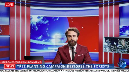 Photo for Journalist presents environment campaign to plant trees and protect forests, covering news about nature preservation on live television. Media news anchor discussing world events. - Royalty Free Image