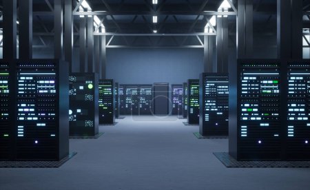Empty data center housing thousands of blade servers, storage devices and networking infrastructure. Mainframes providing large amounts of computing power, 3D render animation