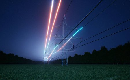 Photo for Electricity generated by power plants delivered to customers through transmission and distribution electric grid. Visualization of energy flowing in electrical tower cables over night sky, 3D render - Royalty Free Image