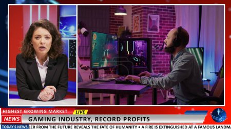 Photo for Media reporter presents gaming industry growth in newsroom on international television program. Woman journalist shows videogames developmennt and innovation, attracting buyers. - Royalty Free Image