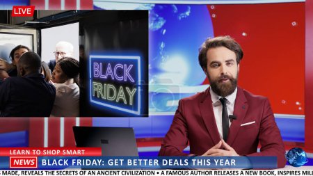 Photo for News anchor covering start of sales event in stores, advertising black friday deals and showing footage of shopping madness during discount time. Journalist discussing about safety. - Royalty Free Image