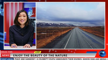 Photo for Asian presenter shows beautiful landscapes, advertising natural icelandic glaciers in new goegraphic reportage. Journalist broadcasting live arctic footage of amazing scenery on live tv. - Royalty Free Image