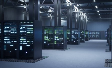 Server farm providing computational resources needed for artificial intelligence to process datasets for training. Supercomputers storing data used for machine learning, 3D render animation