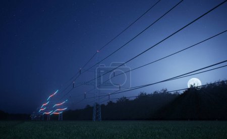 Photo for Steel power pylon with high voltage current flowing through cables over night sky horizon. Industrial equipment enabling distribution of electricity to households, 3d render animation - Royalty Free Image