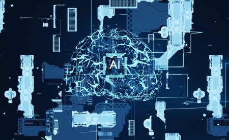 Foto de El aprendizaje automático de IA permite a las computadoras replicar el funcionamiento del cerebro humano. Algoritmos de autoaprendizaje basados en la minería de datos y el reconocimiento de patrones utilizados para resolver tareas complejas, animación de renderizado 3D - Imagen libre de derechos