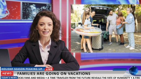 Photo for News reporter presents summer vacations on live television, showing footage of families enjoying holidays in the sun and roadtrips. Woman newscaster covering leisure activities topic. - Royalty Free Image