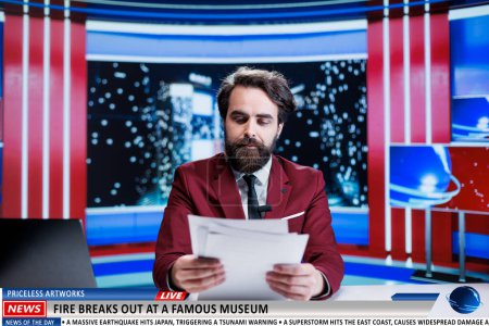 Photo for Anchorman reveals museum on fire breaking news, many artifacts and artworks are in danger of burning. News broadcaster being worried about historical pieces at famous landmark. - Royalty Free Image