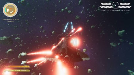 Photo for Science fiction singleplayer game with spaceship shooting laser bullets at meteorites using crosshair overlay to accurately hit targets. Spacecraft flying in cosmos, ray tracing graphics and high FPS - Royalty Free Image
