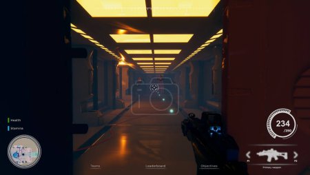 Photo for First person shooter videogame with gun shooting laser bullets at flying robots in dark atmospheric industrial setting. Competitive PvP fps internet multiplayer tournament game with info HUD overlay - Royalty Free Image