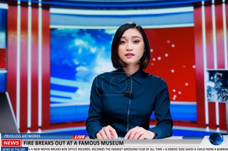 Photo for Anchorwoman talks about fire at museum on international news channel, famous artifacts and artworks in danger after building started burning. Journalist reports disaster at historical landmark. - Royalty Free Image