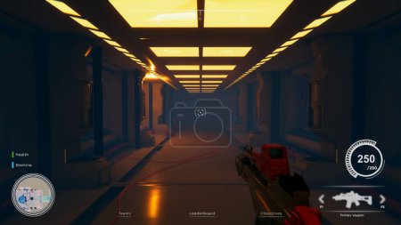 Photo for First person shooter videogame in futuristic industrial setting with health, stamina, ammo bars HUD overlay. Competitive PvP fps online multiplayer game with shooting gun - Royalty Free Image