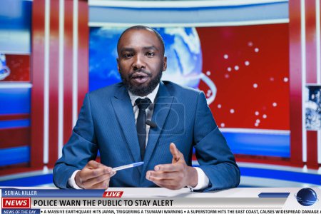 Photo for Breaking news serial killer on the loose, african american reporter warns citizens to stay alert and cautious after criminal escaped prison. News broadcaster working on global communications. - Royalty Free Image