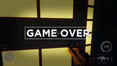 Photo for Gamer receiving game over screen, losing all health, failing to win level and beat enemies in first person shooter. Player defeated in science fiction singleplayer videogame - Royalty Free Image