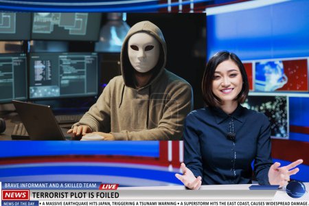 Photo for News anchor talks about cyber security, IT specialists solving terrorist malware attack before stealing official government information. Woman journalist covers important daily news topics. - Royalty Free Image