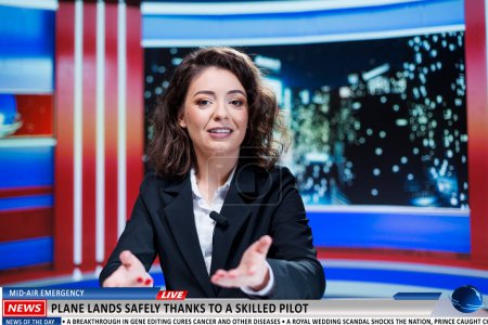 Photo for Reporter reveals new hero aviator who safely grounds airplane while protecting passengers. Journalist reporting influential newscast event about flying plane, broadcasting live information. - Royalty Free Image