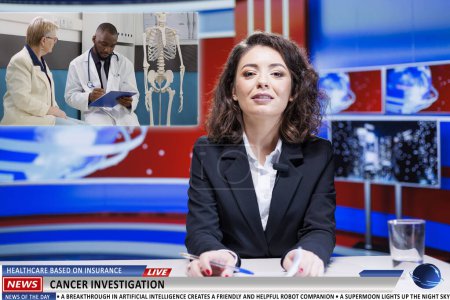 Photo for Presenter covers live healthcare news, discussing about medical insurance for patients and attempts to cure cancer. Anchorwoman reading headlines about scientific investigation. - Royalty Free Image