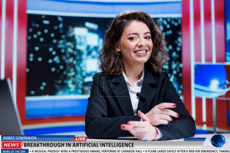 Photo for Presenter of night show covers latest news while providing television program content about progress of artificial intelligence and technology industry. Machine learning insights used by newscasters. - Royalty Free Image