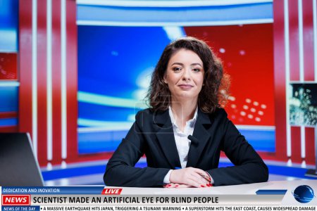 Photo for Newscaster explains modern science and new creation experts launching artificial eye invention to help blind people. Woman journalist introduces prosthesis or substitute in newsroom. - Royalty Free Image