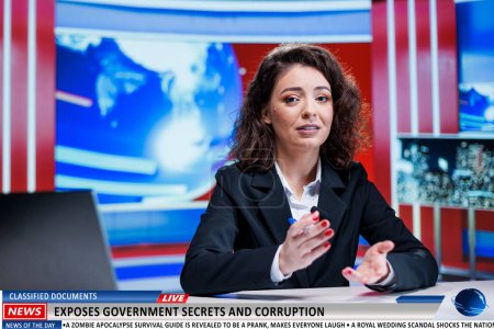 Photo for Classified records displaying state secrets and criminal activities were leaked on television broadcast. News reporter live reporting on evening program, discussing about injustice and payoffs. - Royalty Free Image