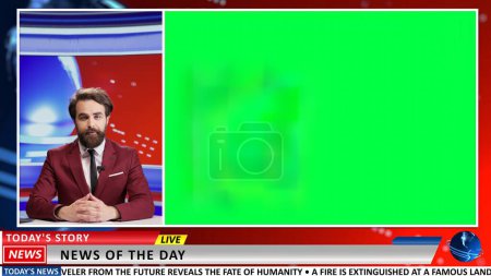 Photo for Presenter discusses breaking news using greenscreen template on broadcast channel, sitting in newsroom. Media news anchor presenting politics or business topics events, blank copyspace. - Royalty Free Image