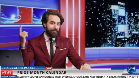 Late night show host on live television presenting hot daily topics and latest celebrities scandals. Man broadcasting reportage about famous people, international tv network content.