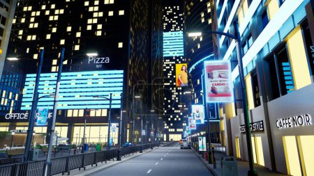 Foto de Avenidas nocturnas del centro de la ciudad con automóviles que conducen más allá de los edificios. Ciudad metropolitana vacía con bulevares iluminados por anuncios de vallas publicitarias y postes de lámparas OOH, animación de renderizado 3d - Imagen libre de derechos