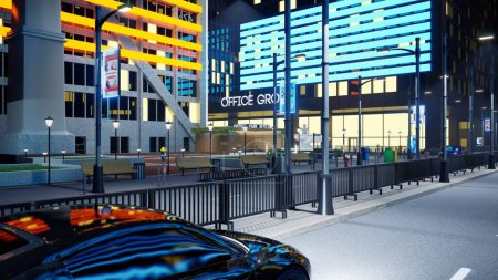 Photo for Nighttime downtown city roads with cars in motion driving past enterprise office buildings. Urban environment with esplanades illuminated by lamp posts, 3d render animation - Royalty Free Image