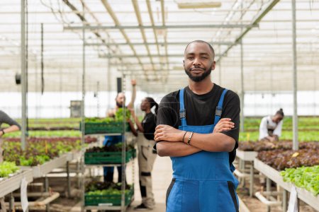 Foto de Orgulloso trabajador agrícola afroamericano sonriente después de terminar de cultivar cultivos vegetales no transgénicos libres de herbicidas localmente. Agricultura sostenible y respetuosa con el medio ambiente en bioinvernadero - Imagen libre de derechos