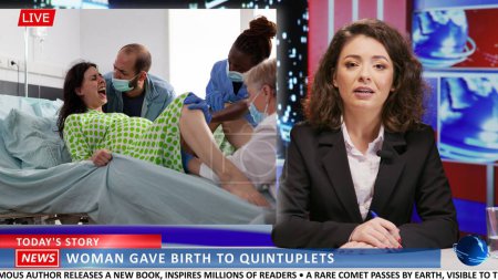 Photo for Newscaster doing reportage of new mother giving birth to five children, discussing about child delivery pain. Woman broadcaster presenting childbirth miracle footage, news channel. - Royalty Free Image