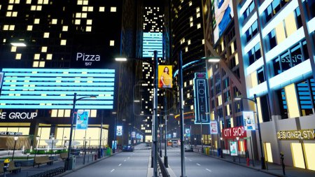 Foto de Centro de la ciudad por la noche con vehículos que conducen más allá de los rascacielos. Ciudad metropolitana vacía con calles iluminadas por anuncios al aire libre de neón y postes de lámparas, animación de renderizado 3d - Imagen libre de derechos