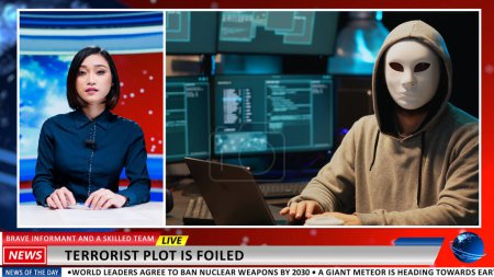 Photo for Asian reporter talks about cyber attacks, IT technicians solving terrorist malware danger before stealing official secret information. Woman newscaster covers relevant news topics. - Royalty Free Image